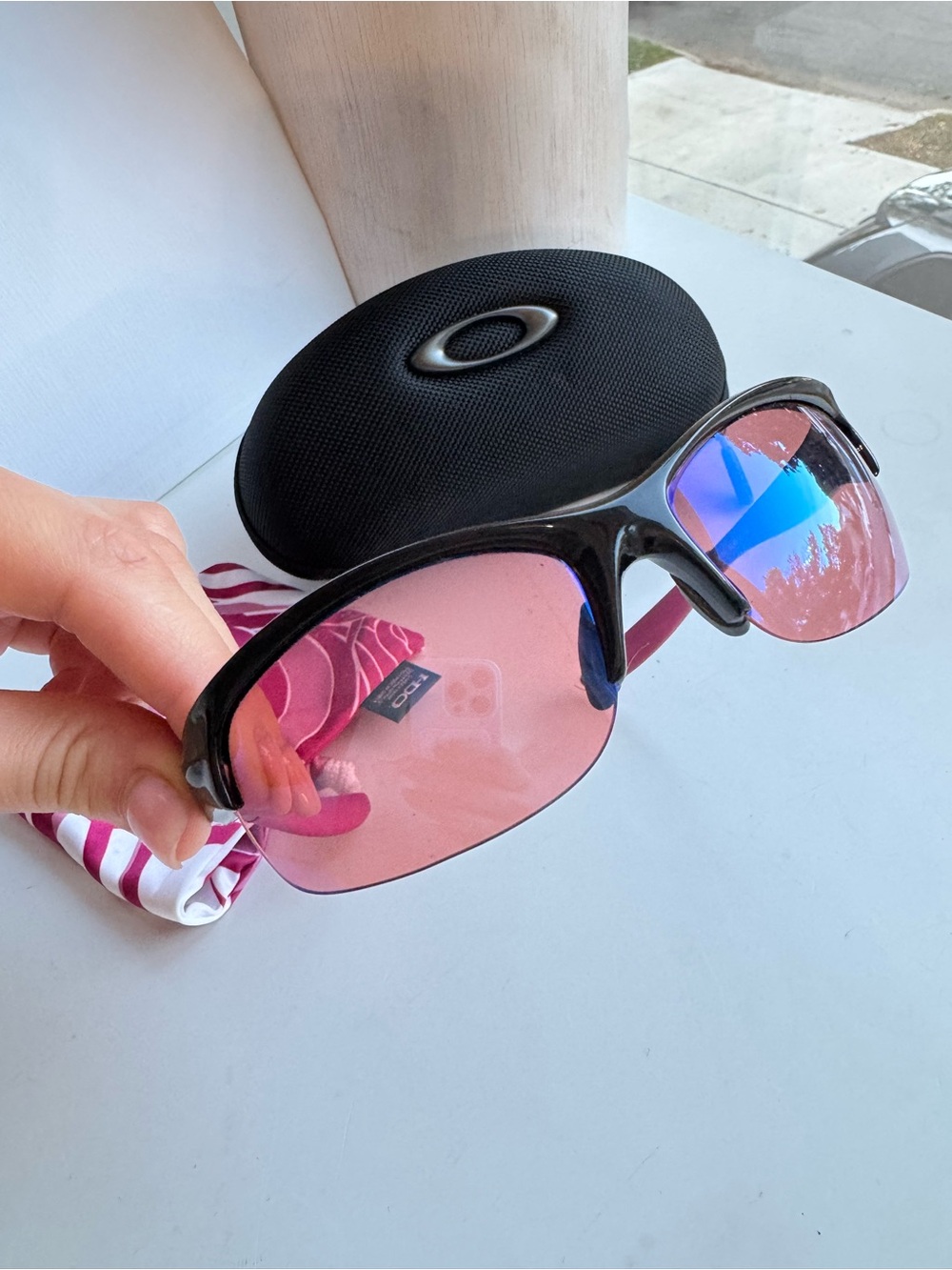 Oakley Black Frame Sunglasses with Pink and Blue Mirrored Lenses - Picture 8 of 12